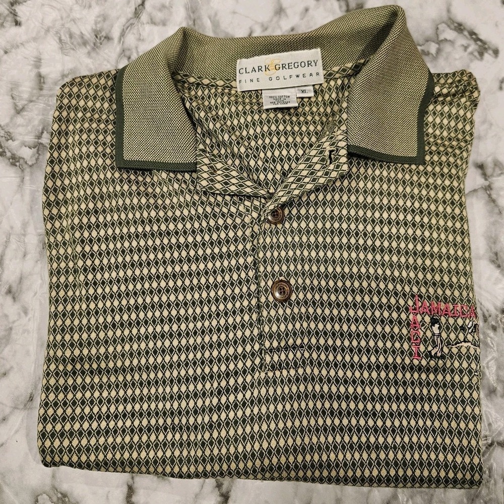 Clark & Gregory Golfwear Green And Tan Plaid Pattern‎ AOP Polo XL Jamaica ACI